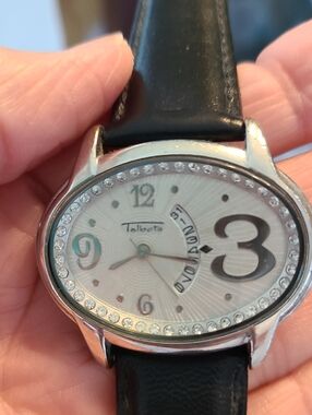 Talbots Silver-Tone Crystal Oval Watch with Black Strap